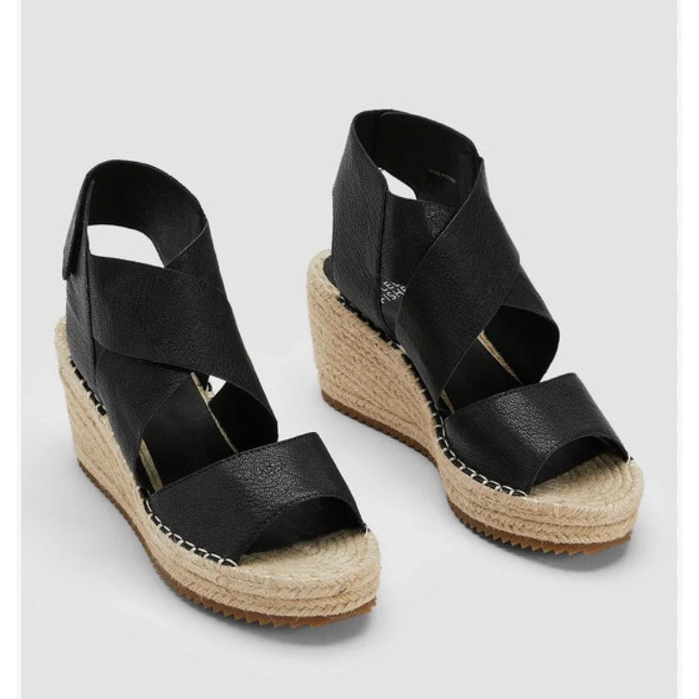 Eileen Fisher Willow Wedge Leather Espadrilles 6.5 Black Minimalist Shoes New